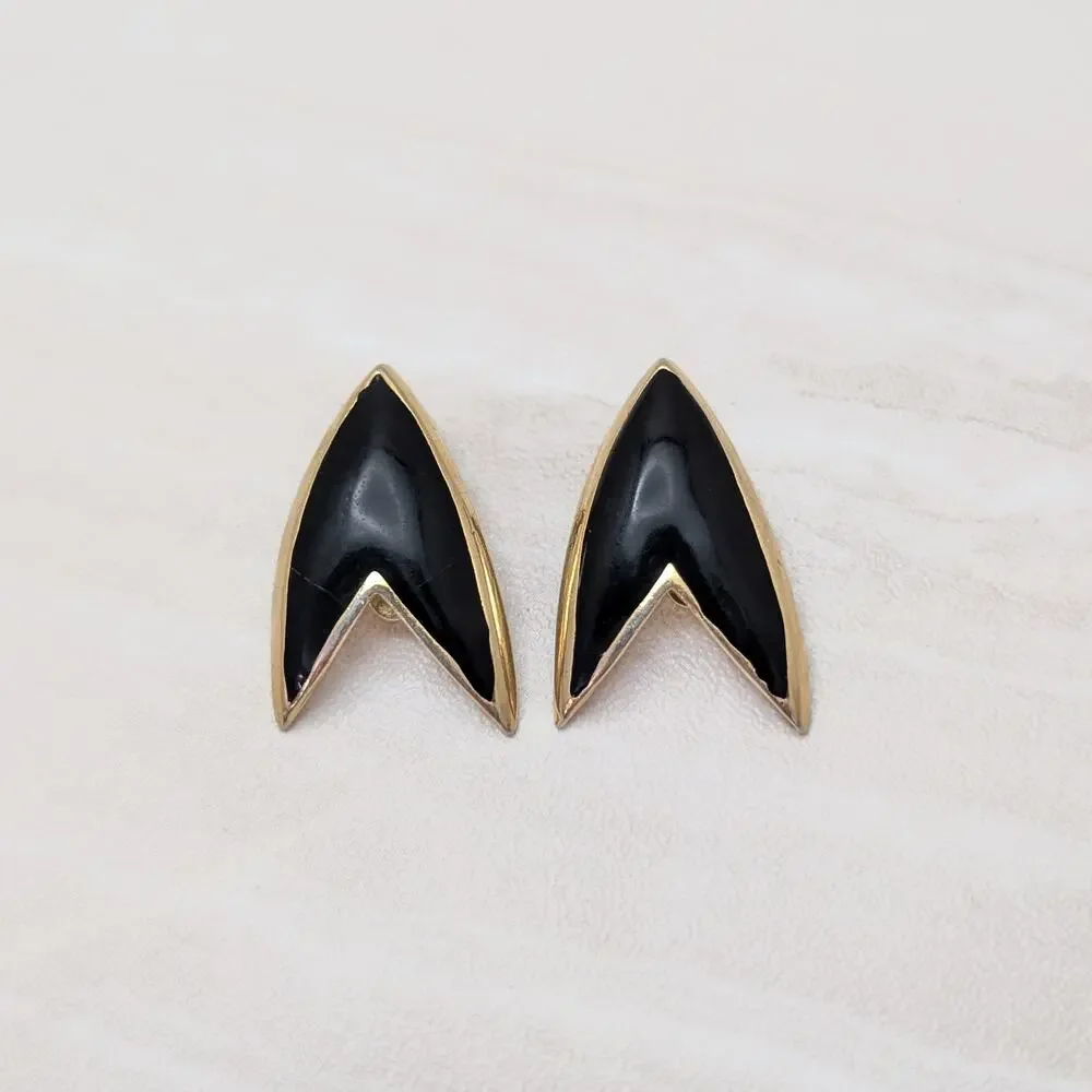 Vintage Clip On Earrings Black & Gold Stylish Retro Statement - Fair Condition
